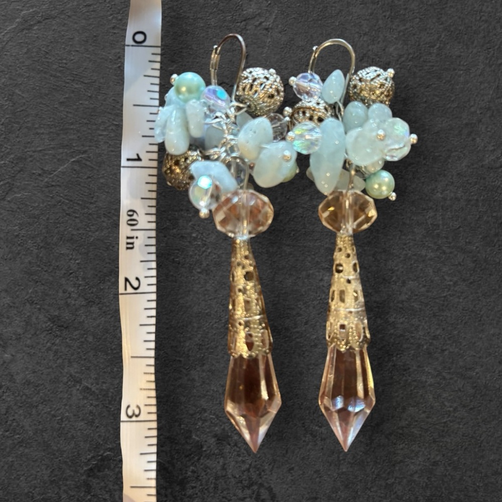 Handmade Pierced Earrings with Vintage Parts, Lucite Drops, and Bead Cluster - Picture 6 of 7